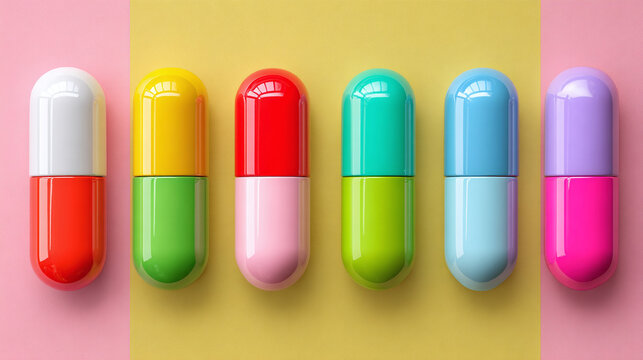 A colorful array of pills arranged against vibrant backgrounds, symbolizing health and medication
