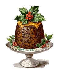 victorian christmas cake with berries on a plat isolated on white background illustration