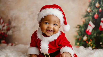 Adorable baby dressed as santa claus smiling happily during christmas celebration