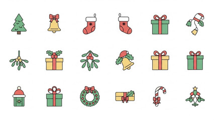 Christmas vector icons set christmas tree gift bell stocking mistletoe wreath candy cane holiday season design