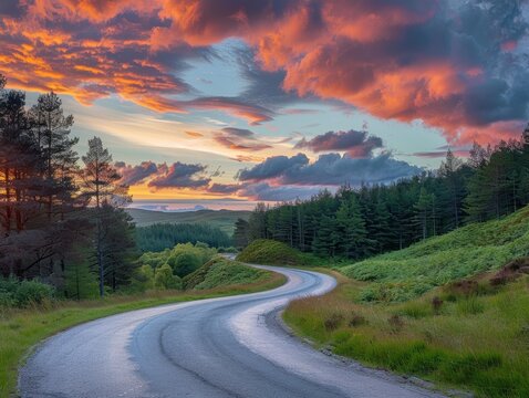 Serene winding road through lush greenery under a vibrant sunset sky. - Powered by Adobe