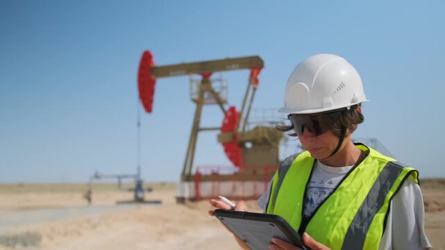 surveyor evaluates site conditions, environmental technician examines oil extraction area, environmental inspector walks around pumpjack recording observations of surrounding environmental conditions