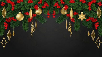 Christmas holiday background with golden ornaments fir tree branches and red berries festive season decoration