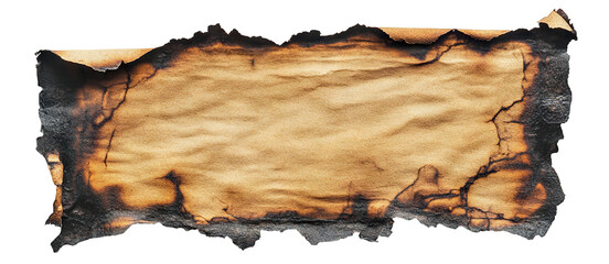 Torn strip of burnt brown paper with rough charred edges, isolated on transparent cutout background