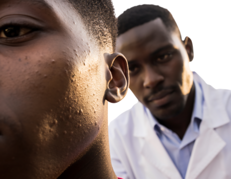 Dermatologist examining young patients skin with acne problem isolated on transparent background