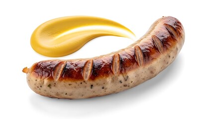 Grilled Sausage with a Swirl of Yellow Mustard on White Background food