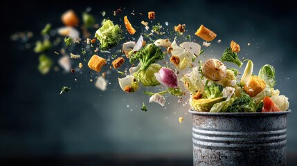 Vibrant salad ingredients are dynamically frozen mid-air above the can. Illustrates freshness, healthy eating, or culinary presentation ideas.