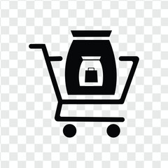 Shopping cart icon with a large bag of goods inside, representing bulk purchase or grocery delivery