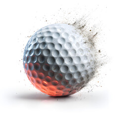 Fiery golf ball disintegrating into dust isolated on white background , ai generated image.