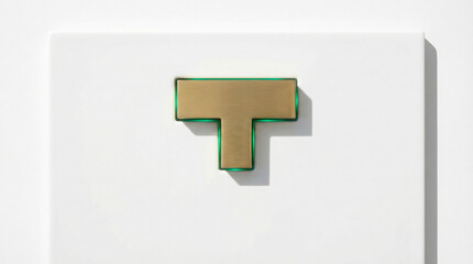 Fototapeta premium Solid brass T-shape block fitting into matte white ceramic slot with green light. 