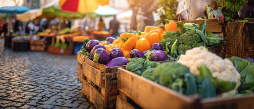 The vegetable market stall displaying colorful fresh produce on rustic wooden crates by cobblestone street
