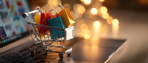 The Shopping Cart With Colorful Bags on a Laptop Representing Online Shopping