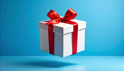 Obraz premium Floating gift box with red ribbon on blue background.