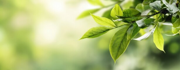 The Green Leaves On A Sunlit Branch Against Soft Blurred Bokeh Background