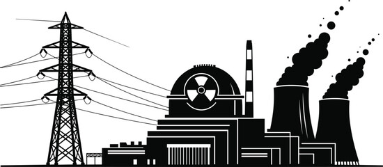 Black Silhouette Vector of Nuclear Power Plant, Cooling Towers with Smoke, Reactor Building, and Transmission Pylon, Energy Industry, Cad Drawing Flat