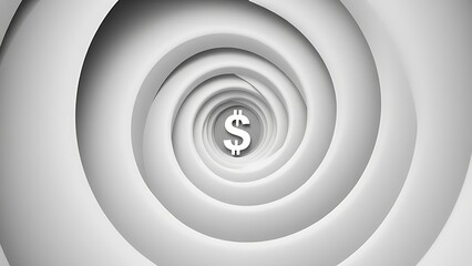 Fototapeta premium cynicism. A distorted spiral pattern featuring a currency symbol at its center in monochromatic graphic design style. pitch deck slides.