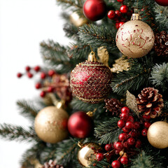 Close-up of a realistic Christmas tree with red and gold decorations, sharp focus on all foreground elements against a white background.
