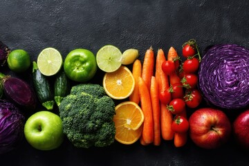 A variety of fruits and vegetables on black background are arranged in a row. For use in projects related to food, nutrition, healthy eating and dieting.