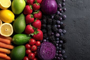Colorful fresh fruits and vegetables are displayed on dark textured surface. This image can promote healthy food choices and lifestyle inspiration.