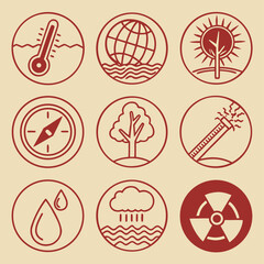 Set of nine environmental and climate change concept icons in a circular line art style on beige background