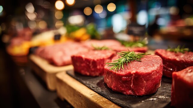Raw beef tenderloin steaks with rosemary sprigs in butcher shop. Use for recipes, restaurant menus, or marketing for butcher shops.