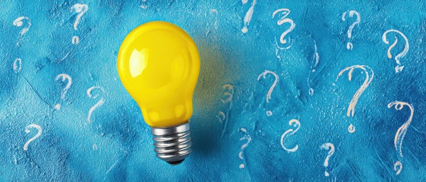 The light bulb on a blue chalkboard background with question marks and ideas
