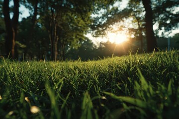 Green grass with a sunburst shines in this beautiful outdoor nature shot. Use this fresh image for lawn care or nature loving concepts.
