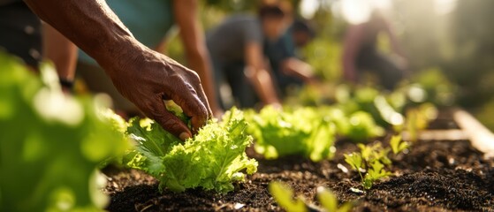 The Lettuce Harvest in a Community Garden with Hands Tending Fresh Greens