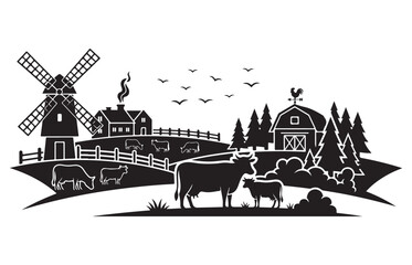 Fototapeta premium Serene silhouette of a rural farm scene featuring a windmill barns and grazing livestock under a flock of birds