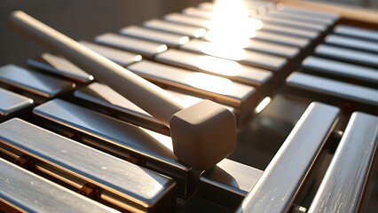 glockenspiel. A glockenspiel with polished metal bars and a mallet, reflecting sunlight. event programs, museum guides, designed for cultural heritage projects and event programs, supports education.