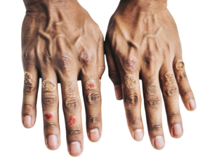 Close up of dark skin hands showing severe eczema symptom isolated on transparent background
