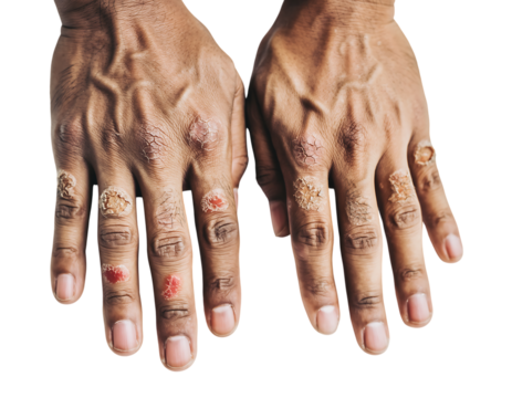 Close up of dark skin hands showing severe eczema symptom isolated on transparent background