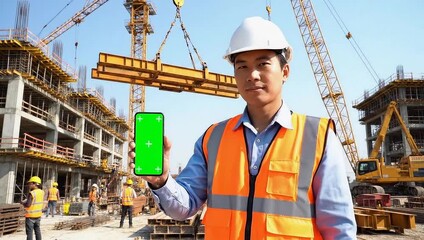 Asian construction worker in hard hat and safety vest holds a green screen smartphone at a construction site with cranes and building structures. - Powered by Adobe