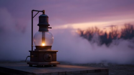 A vintage distillation apparatus glows with internal flame amidst dawn fog and purple sky