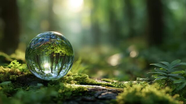 Environment Concept, ball is surrounded by green grass and trees, creating a peaceful and serene atmosphere. The sunlight is shining on the ball