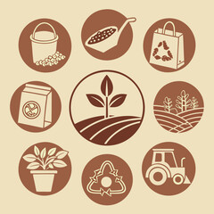 Set of nine brown icons representing agriculture, farming, recycling, and organic cultivation concept elements