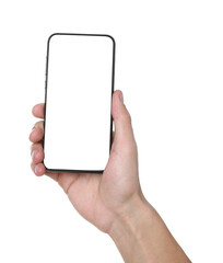 Man holding smartphone with blank screen on white background, closeup. Mockup for design