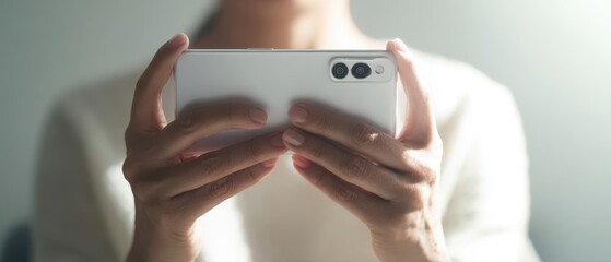 The smartphone held horizontally by a person playing games or taking photos