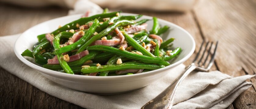 The Green Bean Salad with Bacon and Cashews on a Rustic Wooden Table - Powered by Adobe