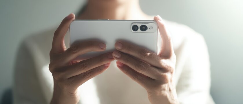 The smartphone held horizontally by a person playing games or taking photos