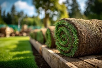 Fresh grass sod rolls are stacked on wood in bright sunlight outdoors. Use it to show landscaping, home improvement, or lawn care concepts.