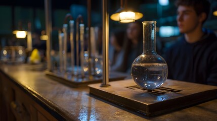 A scientific flask filled with clear liquid sits on a laboratory counter with equipment and blurred students in the background