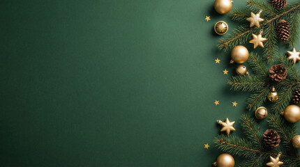 christmas green background with gold ornaments and pine branches for festive design