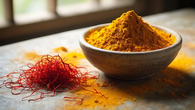 Turmeric powder in a rustic bowl next to red saffron threads