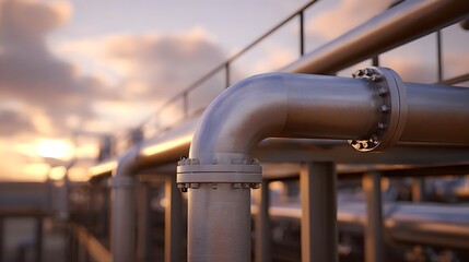 Industrial steel pipes and infrastructure against a cloudy dawn sky