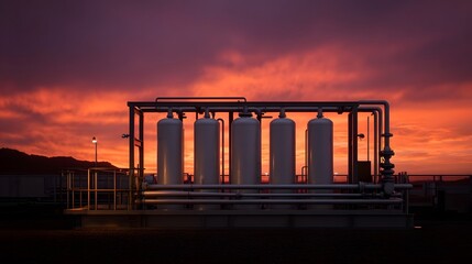 Fototapeta premium Industrial plant tanks under a vibrant crimson sunset sky at dusk