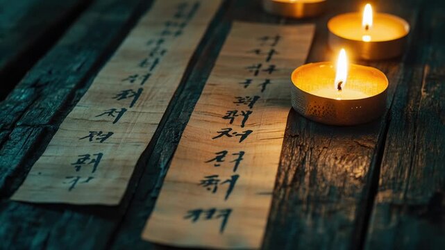 Video A group of candles placed on a rustic wooden table, ideal for use in interior design, home decor, or special occasions