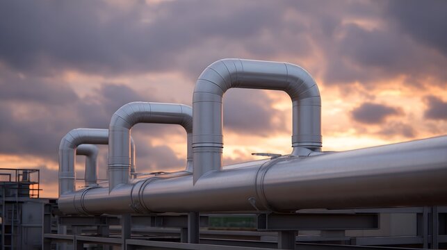 Industrial pipeline system with metallic pipes against a dramatic cloudy sunset sky