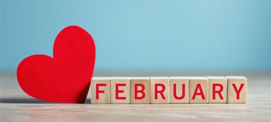 The Heart with February Blocks on a Pastel Blue Background for Valentine's Day