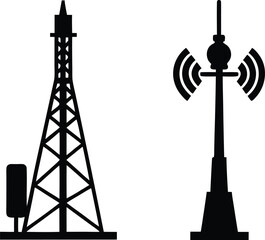 Cell tower and streetlight, telecom infrastructure clip art, antenna pole silhouette vector illustration